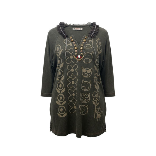 24b16 OLLEBOREBLA オレボレブラ アルベロベロ チュニックワンピース ハイゲージニット レース ビーズ装飾 花柄 ブタさん カシミヤ混 レディース グレー系o07t