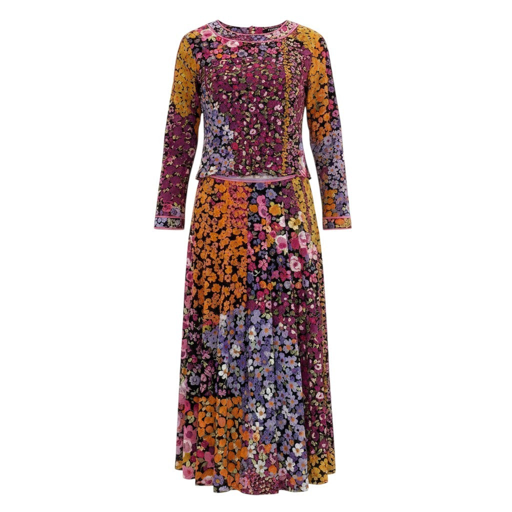 22f11 LEONARD FASHION レオナール セットアップスカート シアーカットソー フレアスカート 花柄プリント カンカン素材 サイズM/67 マルチカラー レディースu02t