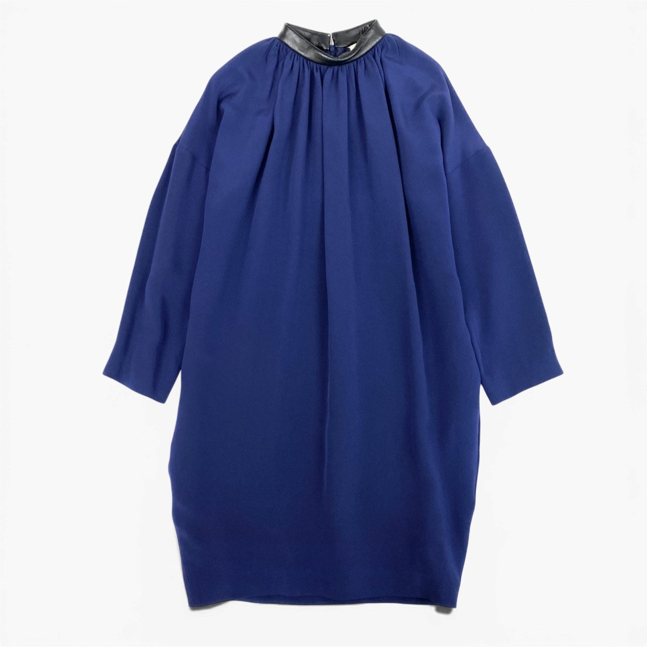 Eb10 CELINE セリーヌ フィービー期 レザーネック シルクワンピース ロングワンピース 長袖 36 ブルー シルク レディースk02i
