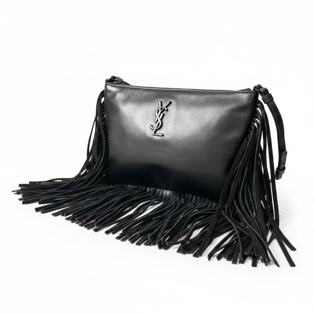 g9 SAINT LAURENT PRIS サンローランパリ カサンドラ オールブラック フリンジ ショルダーバッグ レザー レディースta1