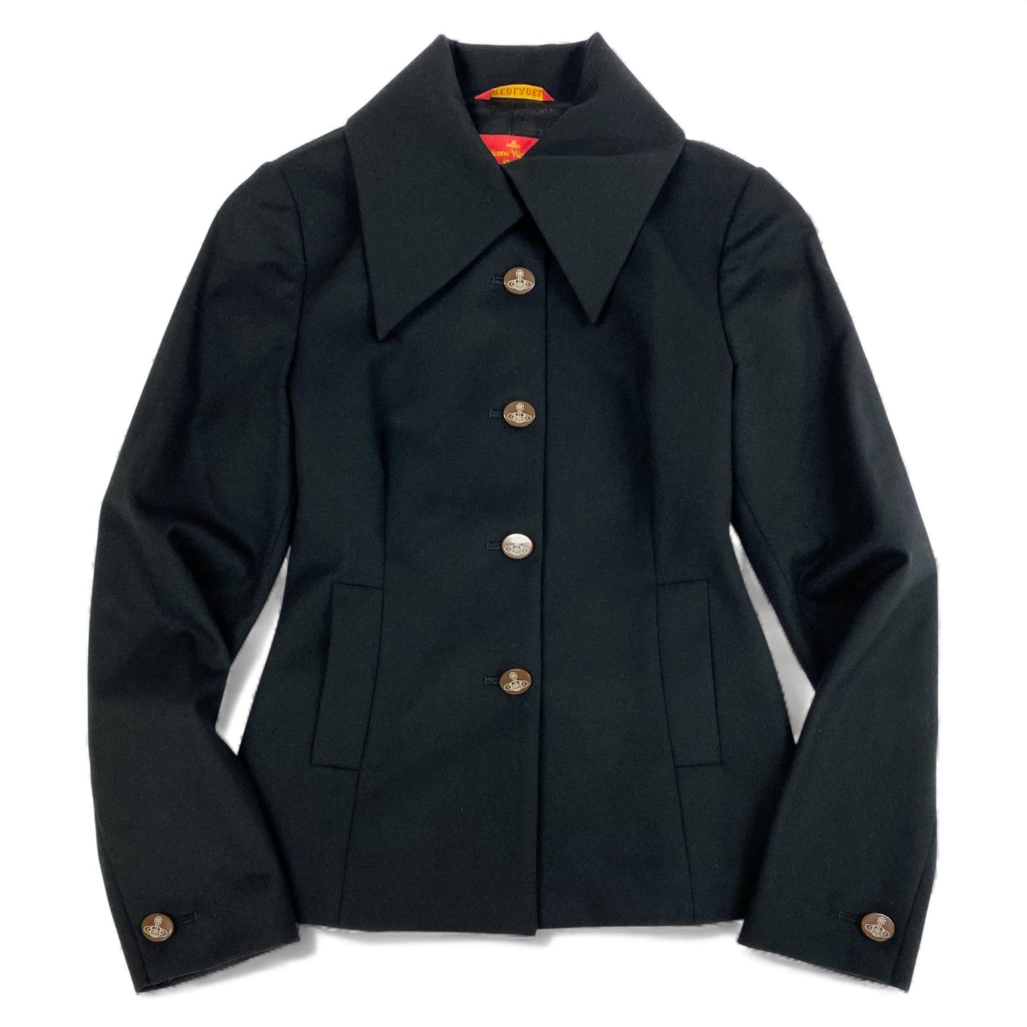 28k6《美品》 Vivienne Westwood RED LABEL ヴィヴィアンウエストウッド レッドレーベル オーブボタン カシミヤブレンド Aライン ジャケット 1 ブラックt18r