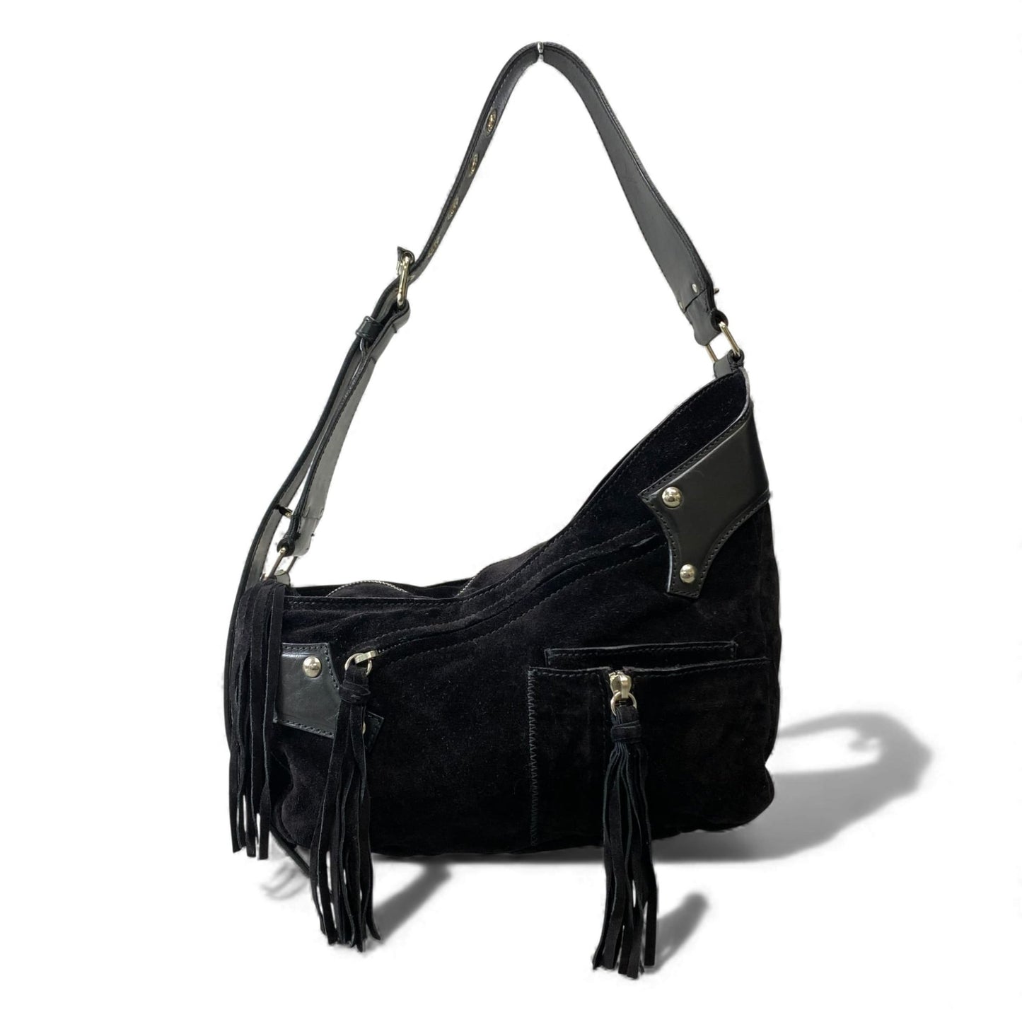AL10 Helmut Lang ヘルムートラング Archive Black Suede leather oneshoulder bag fringe detail unisex アーカイブk02i