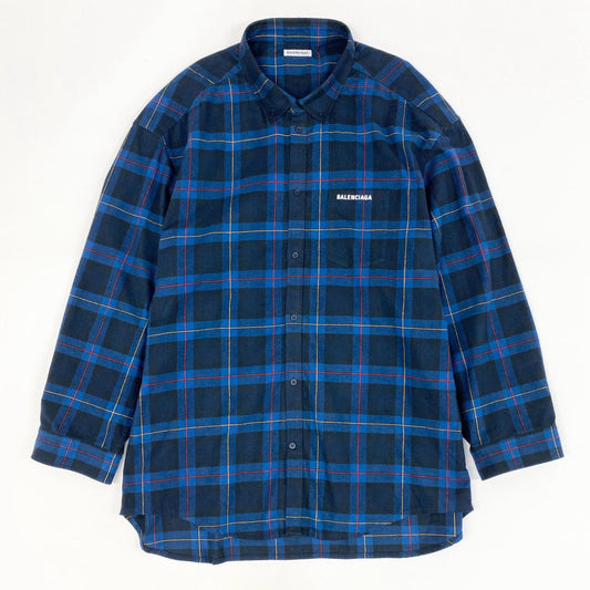 48h15 BALENCIAGA バレンシアガ ブロックチェック オーバーサイズ フランネルシャツ 長袖シャツ ロゴプリント ロングスリーブ 630963 36 ネイビー メンズo07t