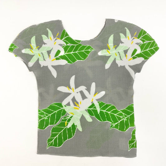 57h28 《極美品》me ISSEY MIYAKE ミーイッセイミヤケ  花柄カットソー 半袖カットソー トップス プリーツプリーズ Fサイズ グレー マルチカラー レディース 女性用k02i
