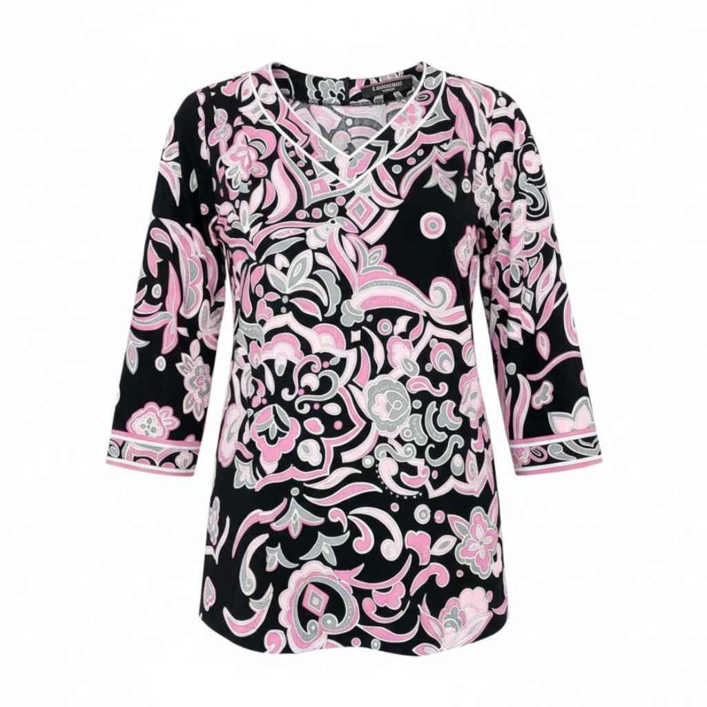 59L15 LEONAD レオナール チュニック ロングスリーブカットソー Vネック カンカン素材 総柄 トップス 40サイズ ブラック ピンク レディースo07t