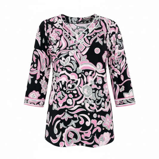 59L15 LEONAD レオナール チュニック ロングスリーブカットソー Vネック カンカン素材 総柄 トップス 40サイズ ブラック ピンク レディースo07t