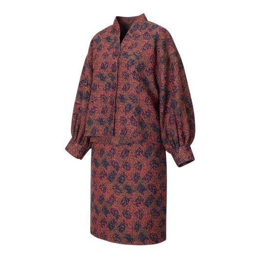 40i29 Christian Dior クリスチャンディオール ジャガード ノーカラージャケット スカート セットアップ 11 レッド マルチカラー ウール レーヨン シルク レディースo07t