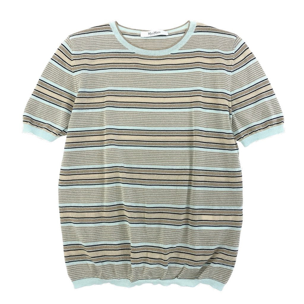 69L17 【美品】MaxMara マックスマーラ 半袖ニットセーター ラメニット ボーダー トップス Sサイズ ライトブルー ゴールド レディースk02i