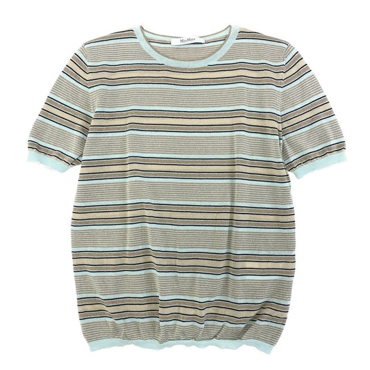 69L17 【美品】MaxMara マックスマーラ 半袖ニットセーター ラメニット ボーダー トップス Sサイズ ライトブルー ゴールド レディースk02i