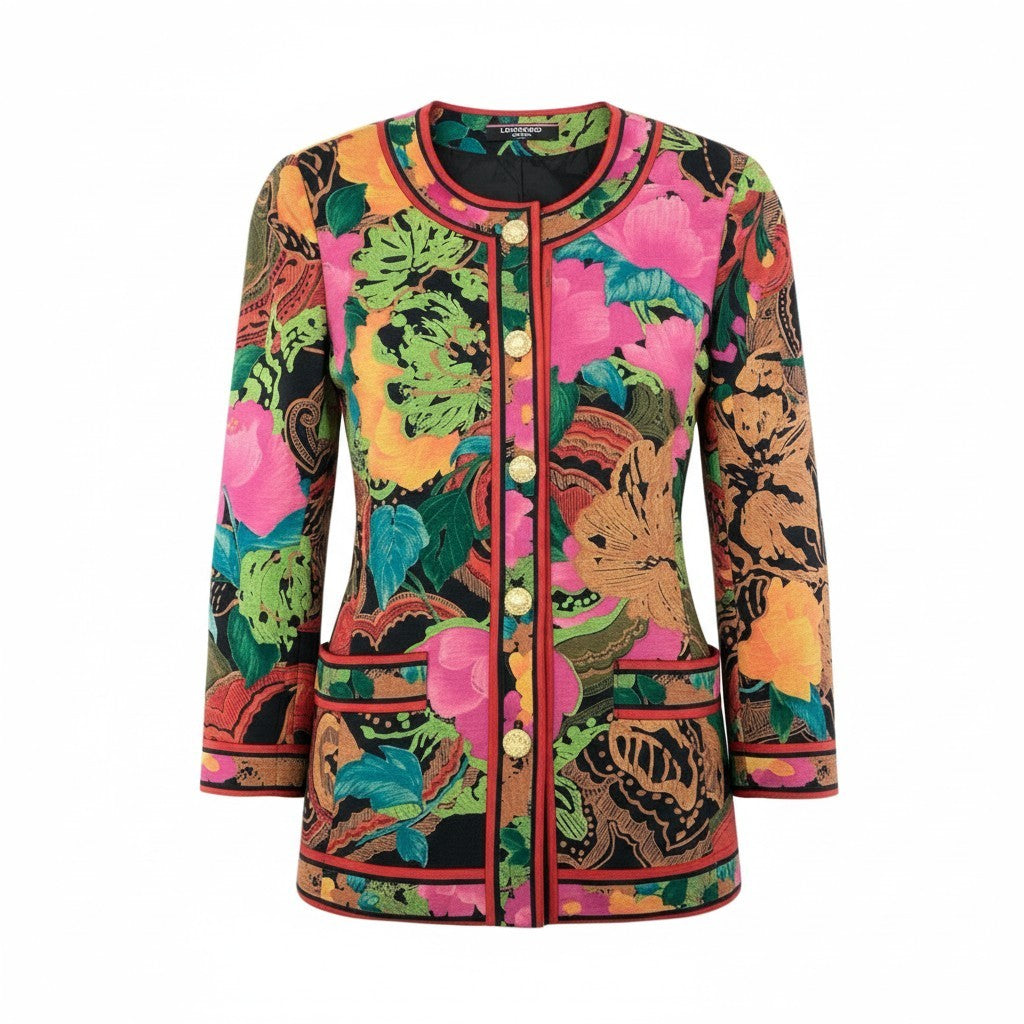 58k22 LEONARD FASHION レオナール ノーカラージャケット ロングジャケット 美しい花柄プリント 金ボタン シルクウール レディース 女性用 9AR マルチカラーu02t