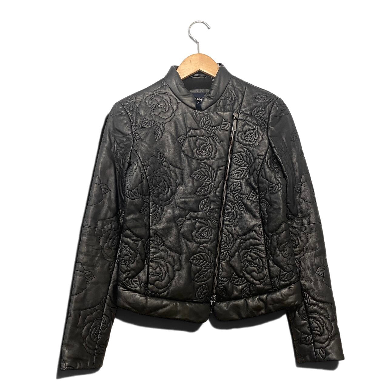 5h28 ARMANI JEANS アルマーニジーンズ ダブルライダースジャケット 中綿 レザージャケット バラ柄 サイズ40 ブラック レディース女性用u02t