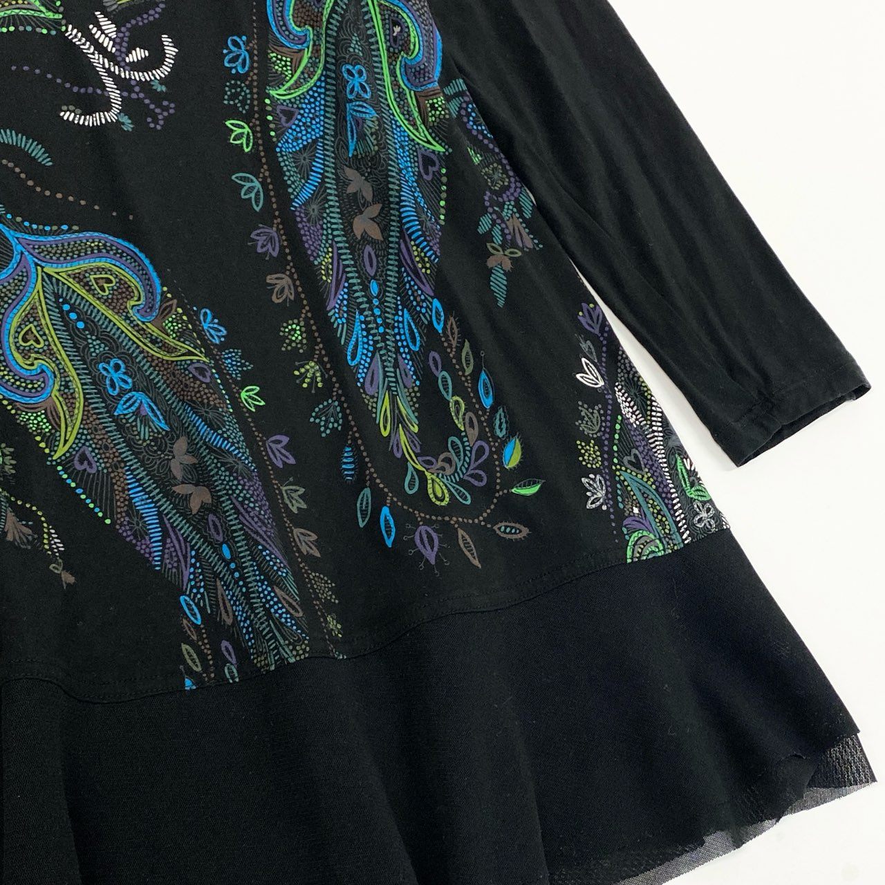 64k19《美品》 TOKUKO 1er VOL トクコプルミエヴォル ロングスリーブ ハイネックワンピース フレアワンピース 総柄プリント ストレッチ○ レディース 女性用 9 ブラックu02t