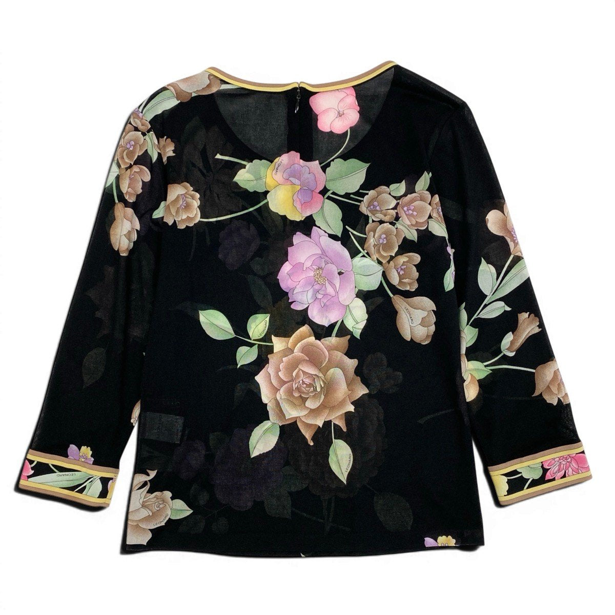 75f10 【美品】 LEONARD FASHION レオナール 七分袖 シアーカットソー 美しい花柄プリント カンカン素材 サイズL ブラック レディース 女性服u02t