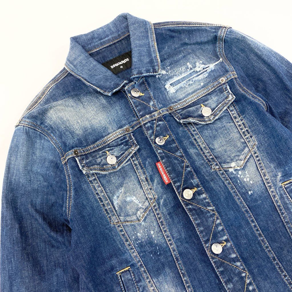 14a15 DSQUARED2 ディースクエアード イタリア製 DAN JEAN JACKET デニムジャケット ダメージ ペイント加工 メンズ 紳士服 S74AM1027 / S30342 46 インディゴブルーu02t