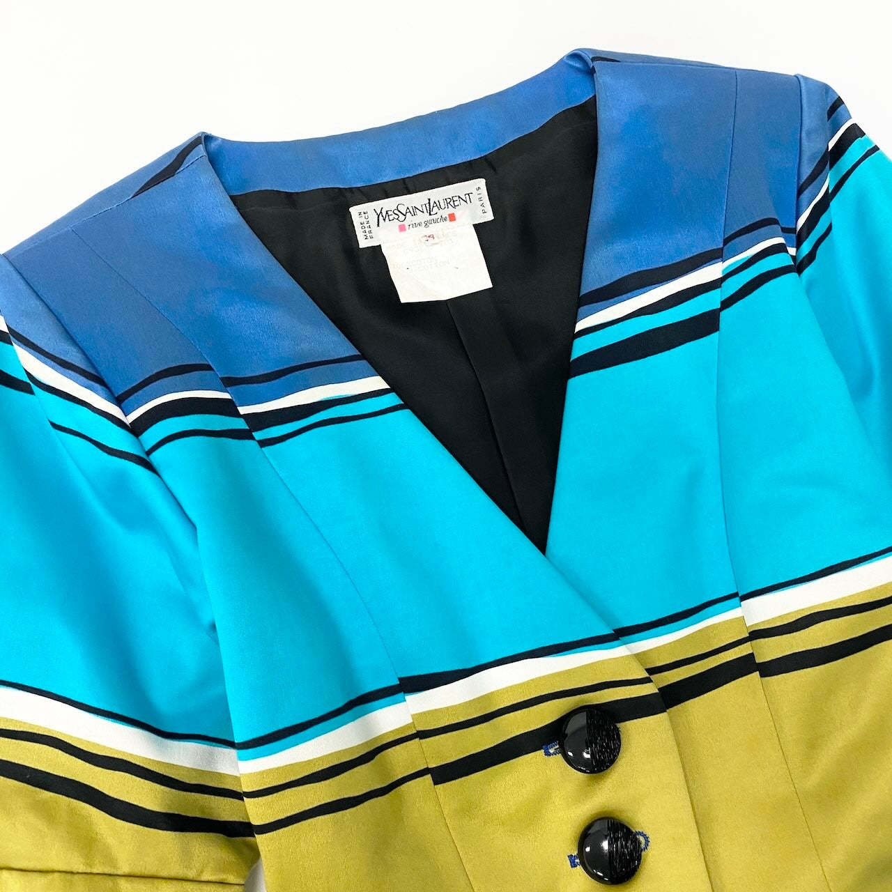 66d27 YVES SAINT LAURENT イヴサンローラン ノーカラージャケット コットンジャケット ボーダー フランス製 サイズ34 マルチカラー 綿100％ レディース 女性用u02t