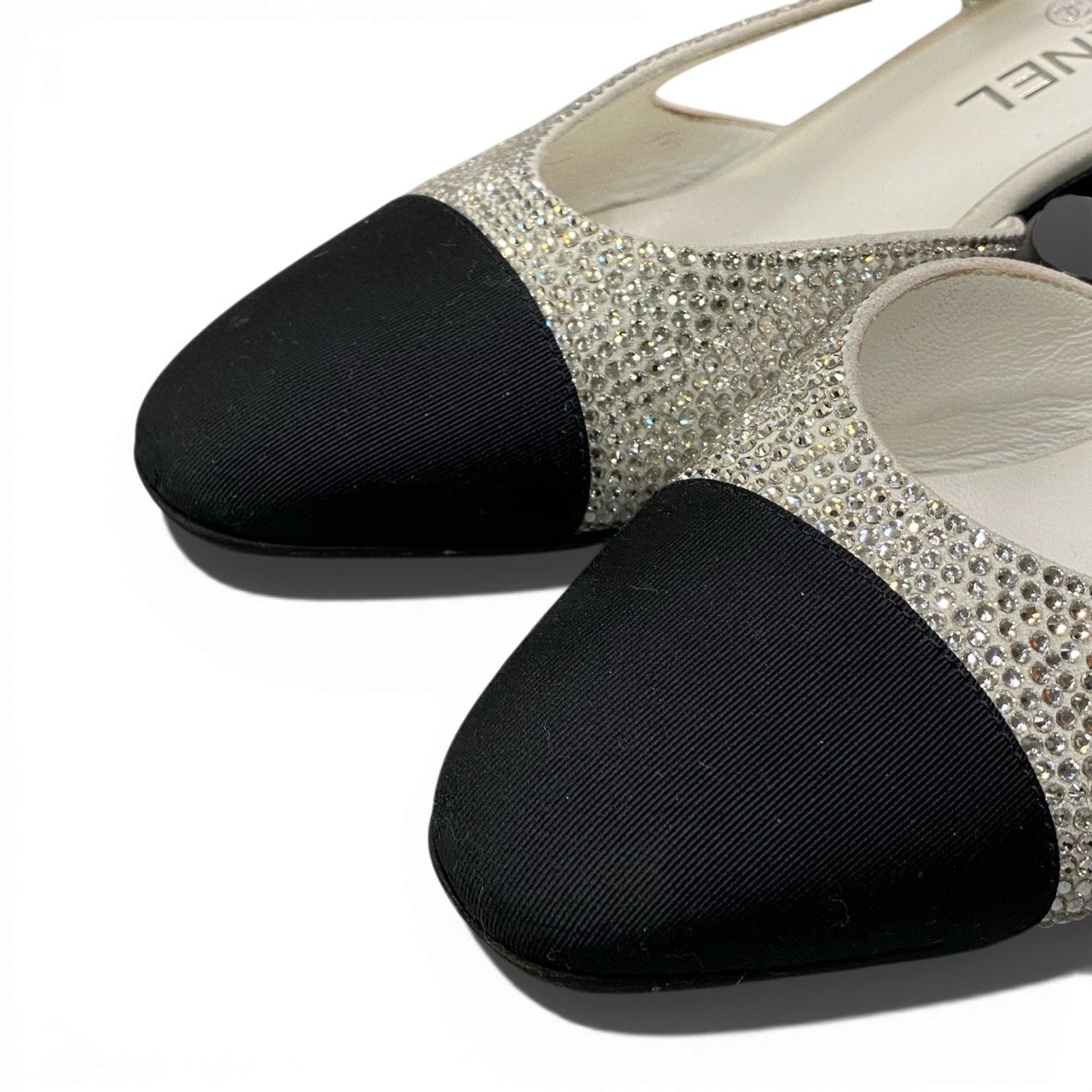 b13《美品》 CHANEL シャネル スリングバック ラインストーン ココマーク ヒールパンプス G31318 38 シルバー ブラック レディースta1