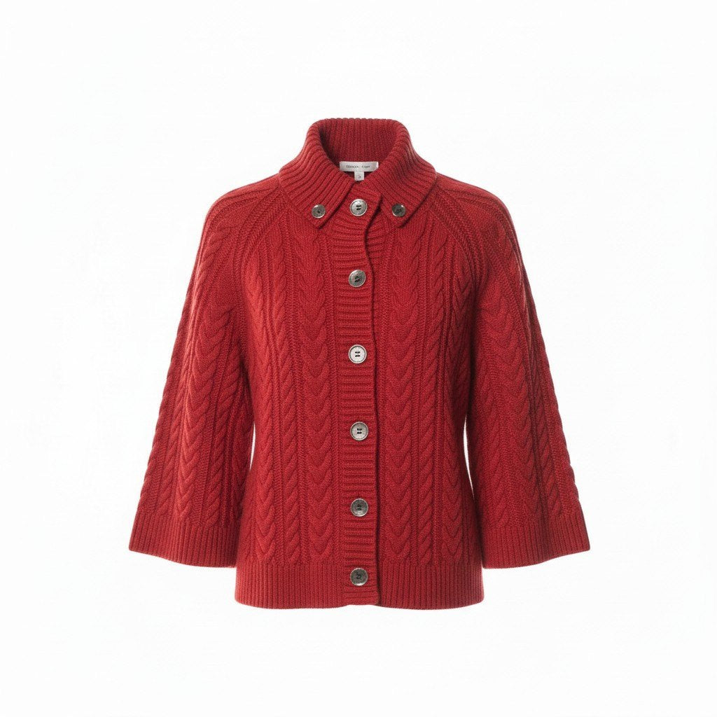 8d13 BURBEERY LONDON バーバリー ケーブルニット カーディガン サイズ1 レッド Cable Knit Cardigan 日本製t18r