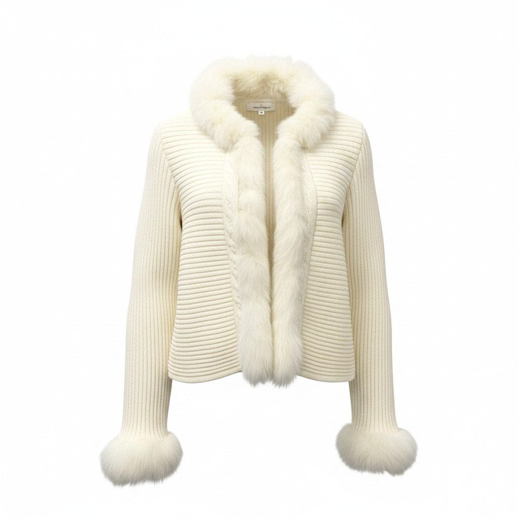 82e15 courreges クレージュ ニットジャケット ニットカーディガン ファー スパンコール装飾 フォックスファー 40サイズ アイボリー ウール100％ レディース 女性用k02i