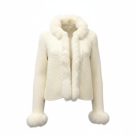 82e15 courreges クレージュ ニットジャケット ニットカーディガン ファー スパンコール装飾 フォックスファー 40サイズ アイボリー ウール100％ レディース 女性用k02i