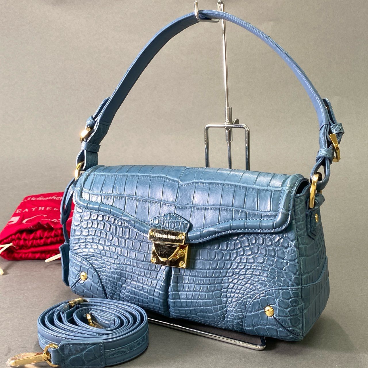 美品【クロコダイル本革】LEATHERJEWELS 2wayバッグ　パープル系 定価79万円 極美品 クロコダイルレザー 希少色 2wayトートバッグ