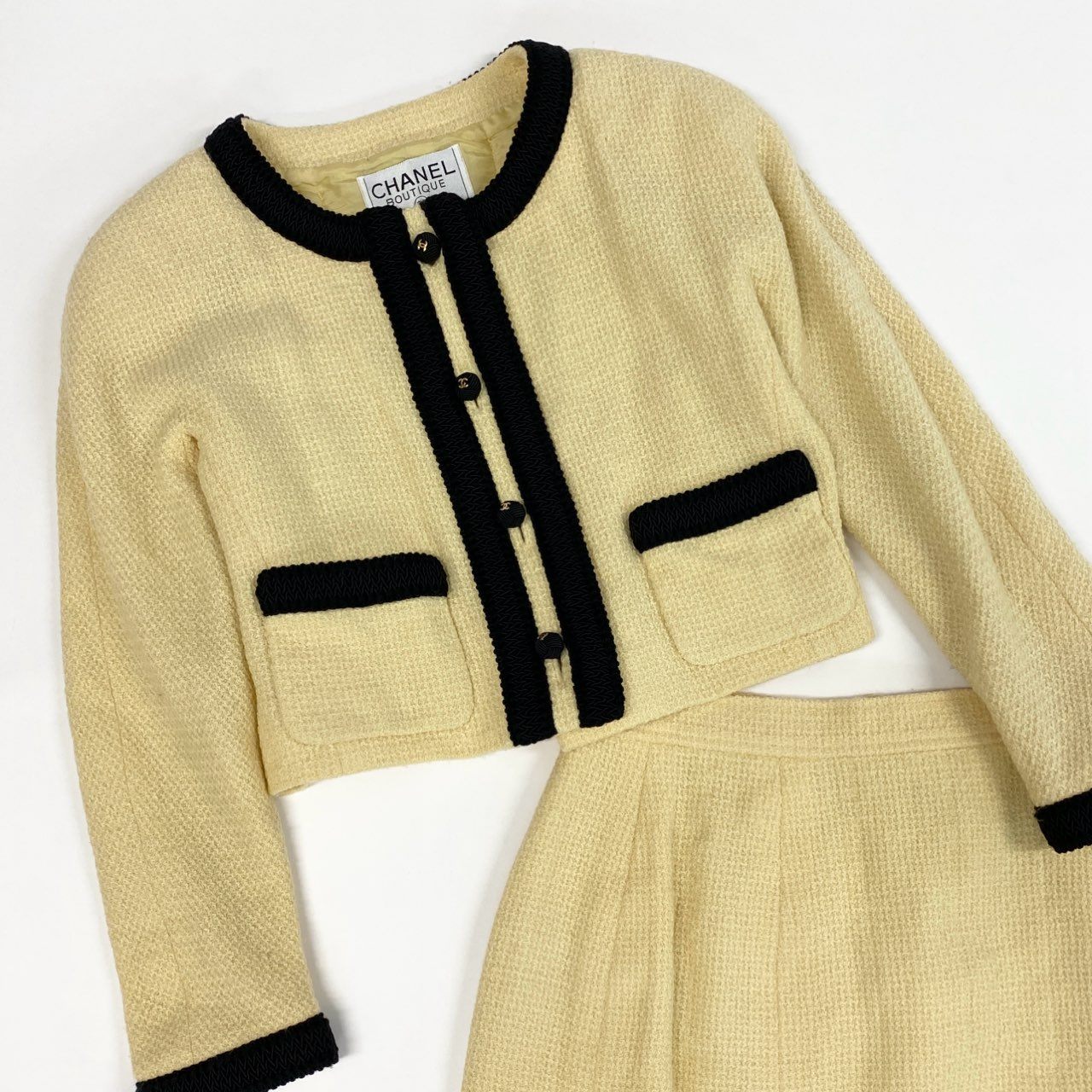 Ca14【archive】CHANEL ヴィンテージ シャネル 1987年コレクション ボールボタン ココマーク ショートツイードジャケット スカート セットアップ M相当 イエロー系 ツイード レディースta1