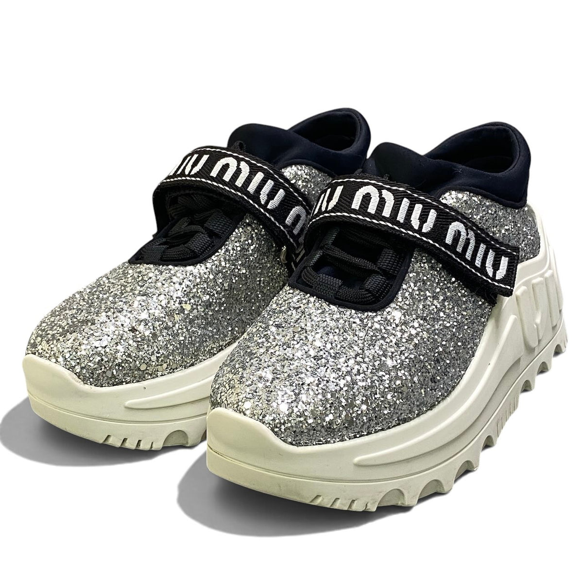 1i13 miu miu ミュウミュウ ロゴテープ グリッター スニーカー size 35 シルバー 厚底 シューズt18r