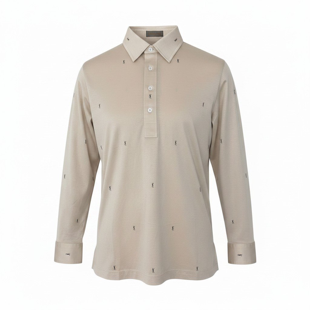 41g18 YVES SAINT LAURENT イヴサンローラン YSLロゴ 長袖ポロシャツ サイズM ベージュ コットン100％ メンズ 紳士服o07t