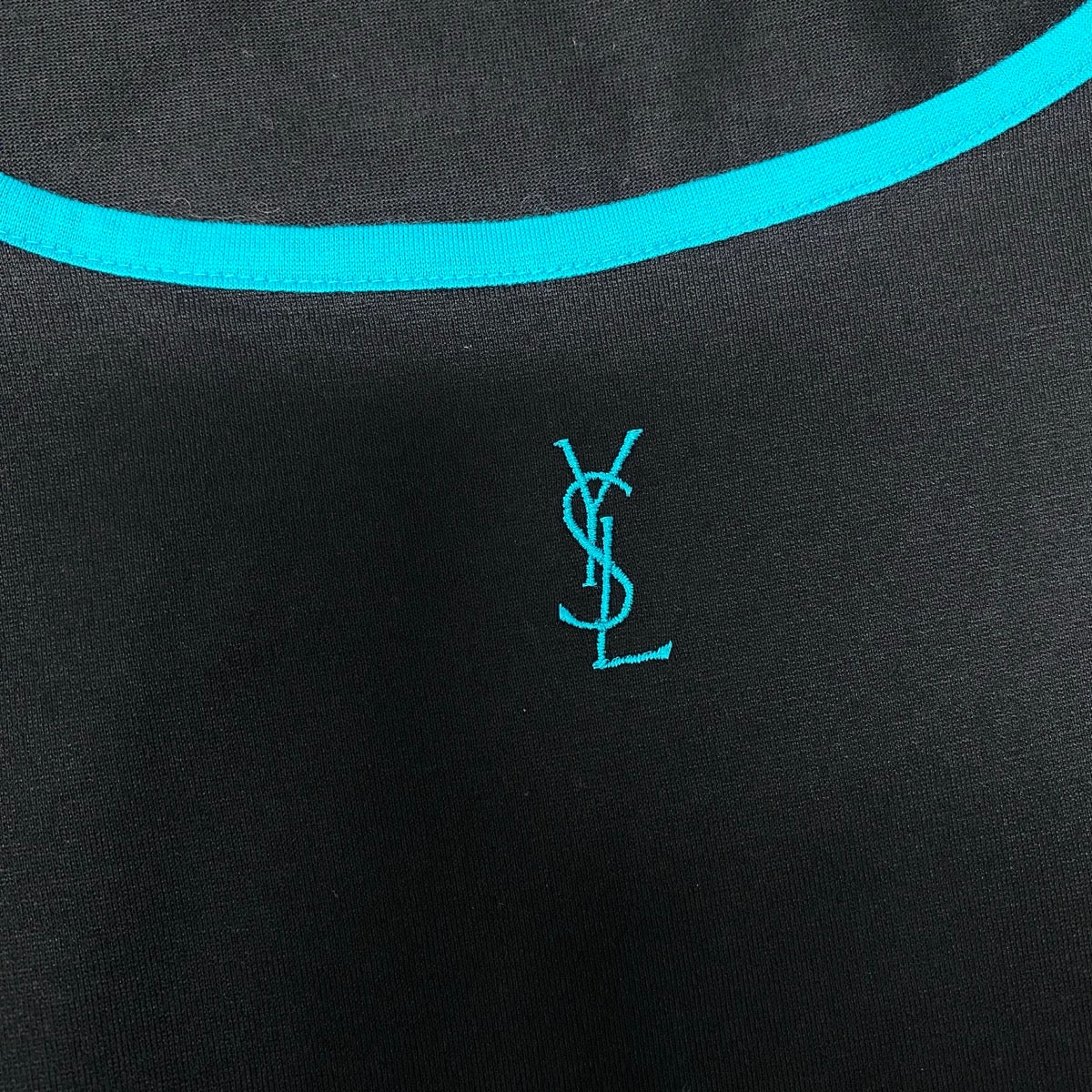 If15 Yves Saint Laurent イヴサンローラン YSLロゴ刺繍 Tシャツ 半袖カットソー トップス Mサイズ ブラック グリーン コットン レディースo07t