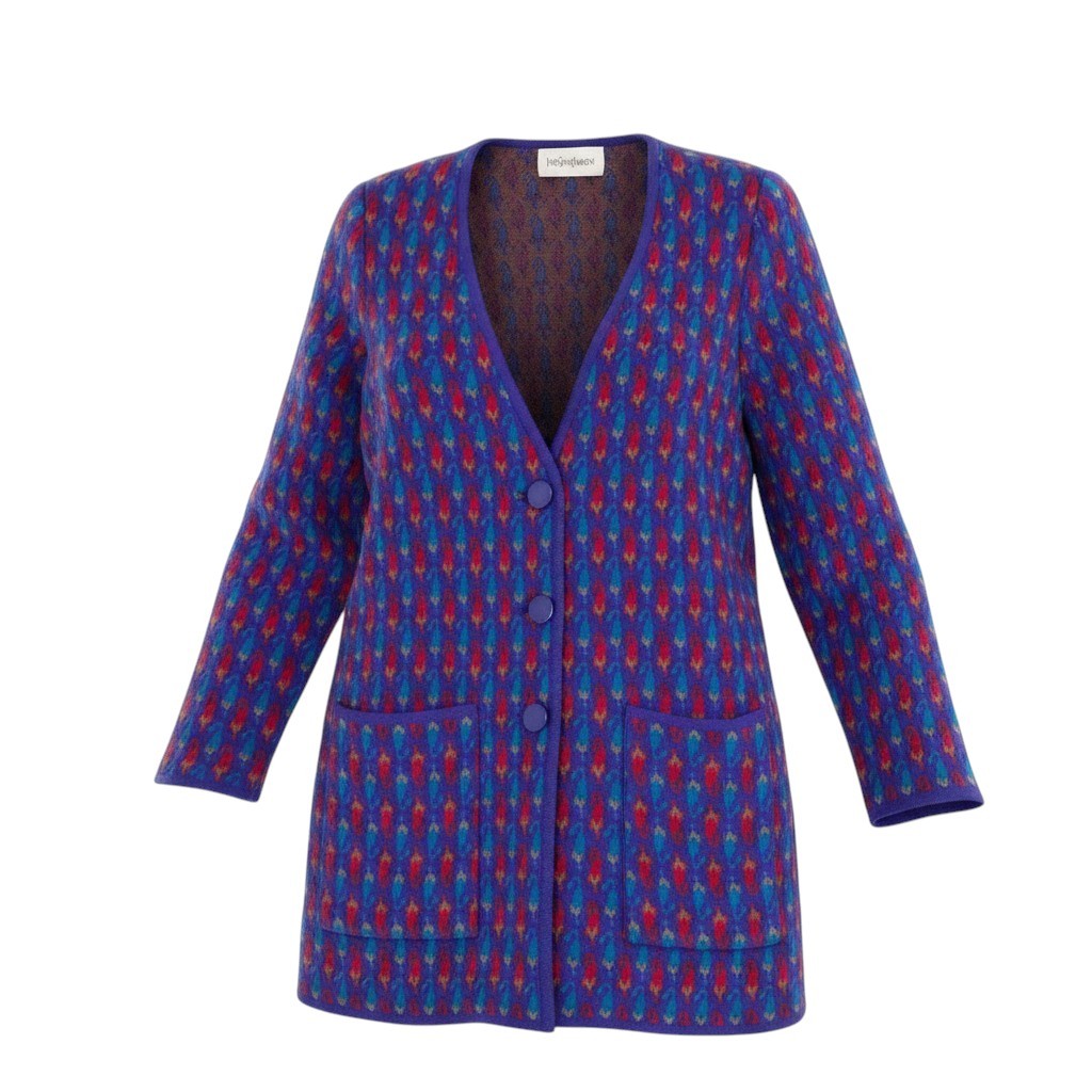 63f2 YVES SAINT LAURENT イヴサンローラン ロングニットカーディガン ウールニット 総柄  パープル ウール100％ レディース 女性服o07t