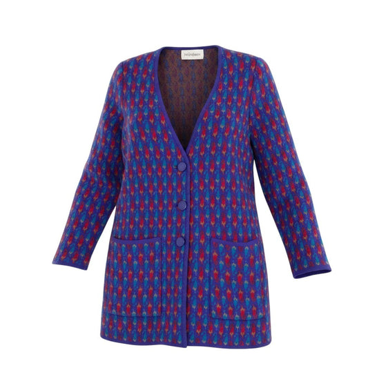 63f2 YVES SAINT LAURENT イヴサンローラン ロングニットカーディガン ウールニット 総柄  パープル ウール100％ レディース 女性服o07t