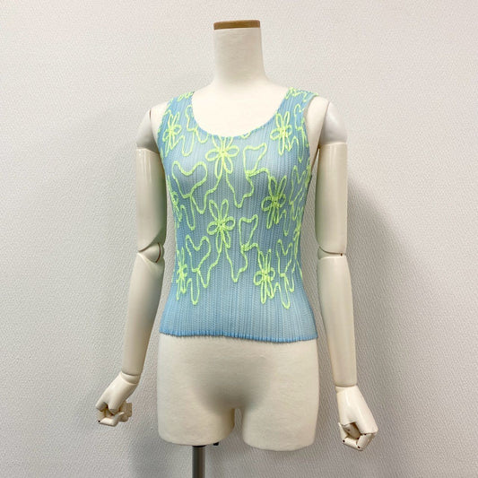 Ai11 《極美品》 PLEATS PLEASE プリーツプリーズ イッセイミヤケ フラワープリント メッシュ ノースリーブトップス カットソー 2000ss PP06-JK301 サイズ3 ライトブルー ポリエステル レディースu02t