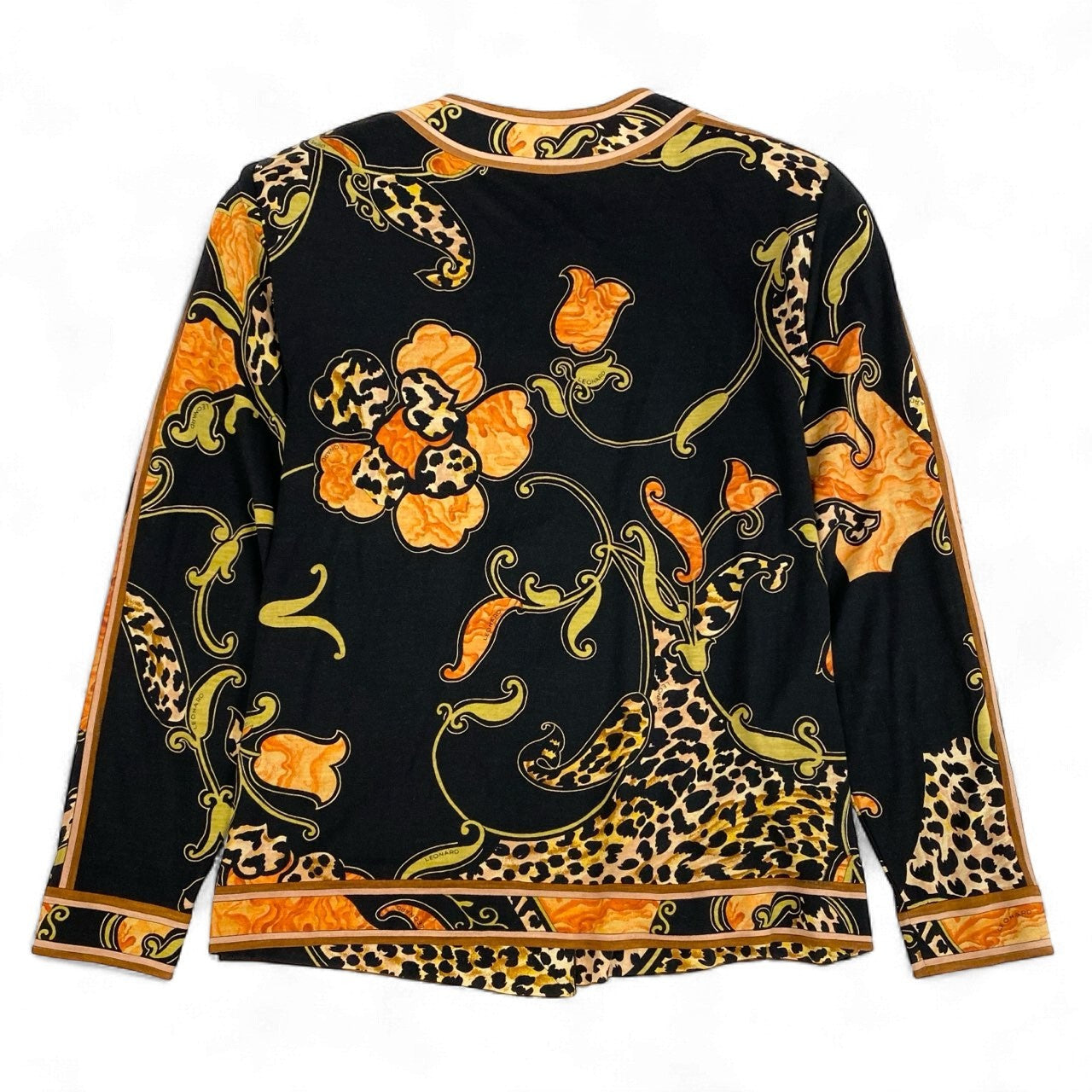 3k19 LEONARD FASHION レオナール ノーカラージャケット カーディガン 薄手 ロングスリーブ 金ボタン 花柄 アニマル柄 レディース 女性用 M ブラック ウールシルクu02t