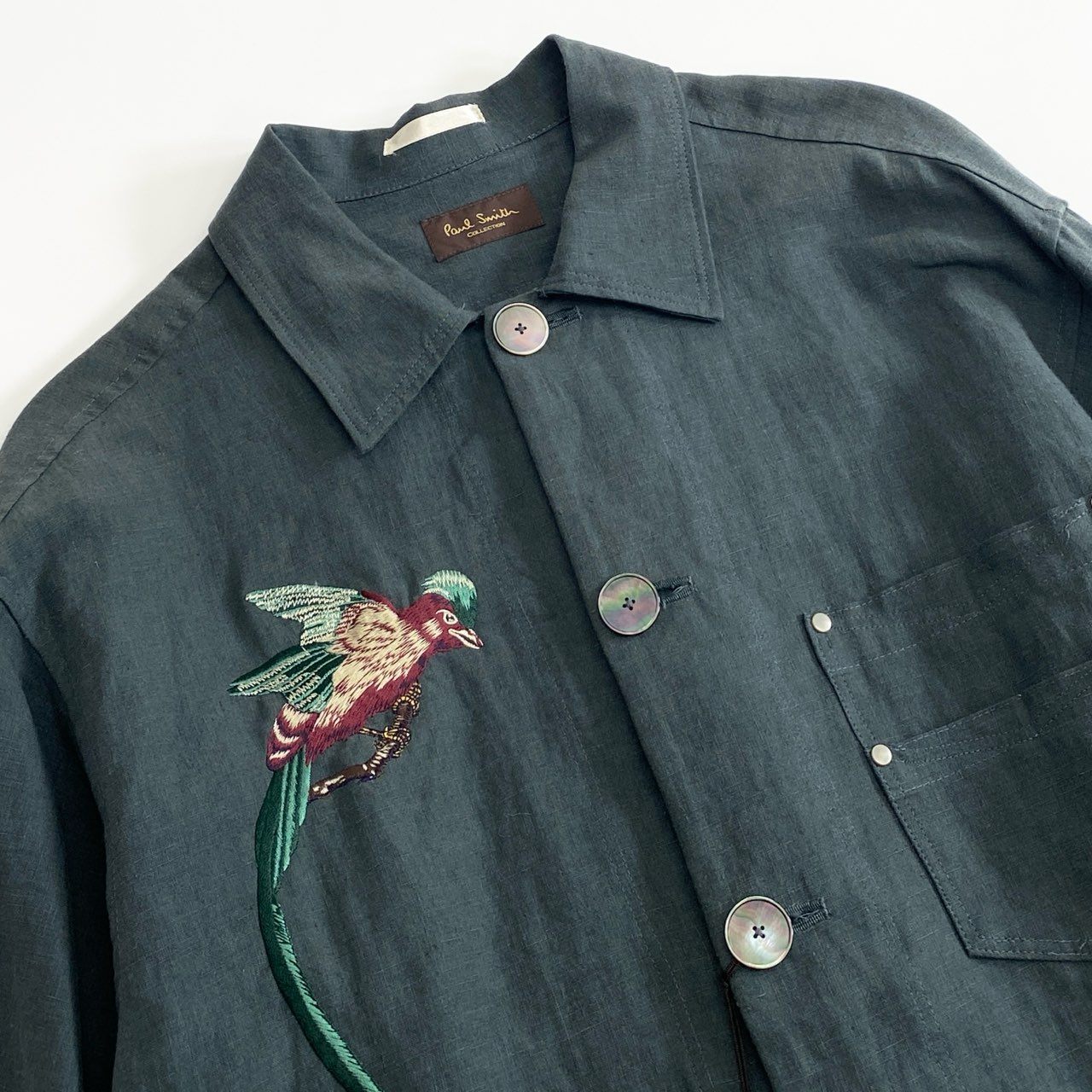 41c22《未使用》Paul Smith Collection ポールスミスコレクション 194-223 L カーキグリーン 刺繍デザイン リネンジャケット カバーオール メンズ 春夏向け 【中古】