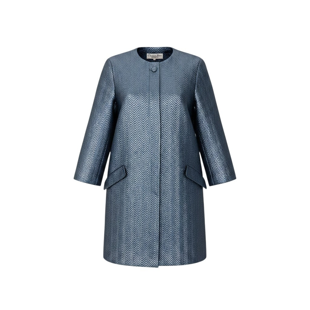 20g16【極美品】Christian Dior クリスチャンディオール ノーカラーコートジャケット メタリック ヘリンボーン アウター 9サイズ ブルーグレー レディース 女性用u02t