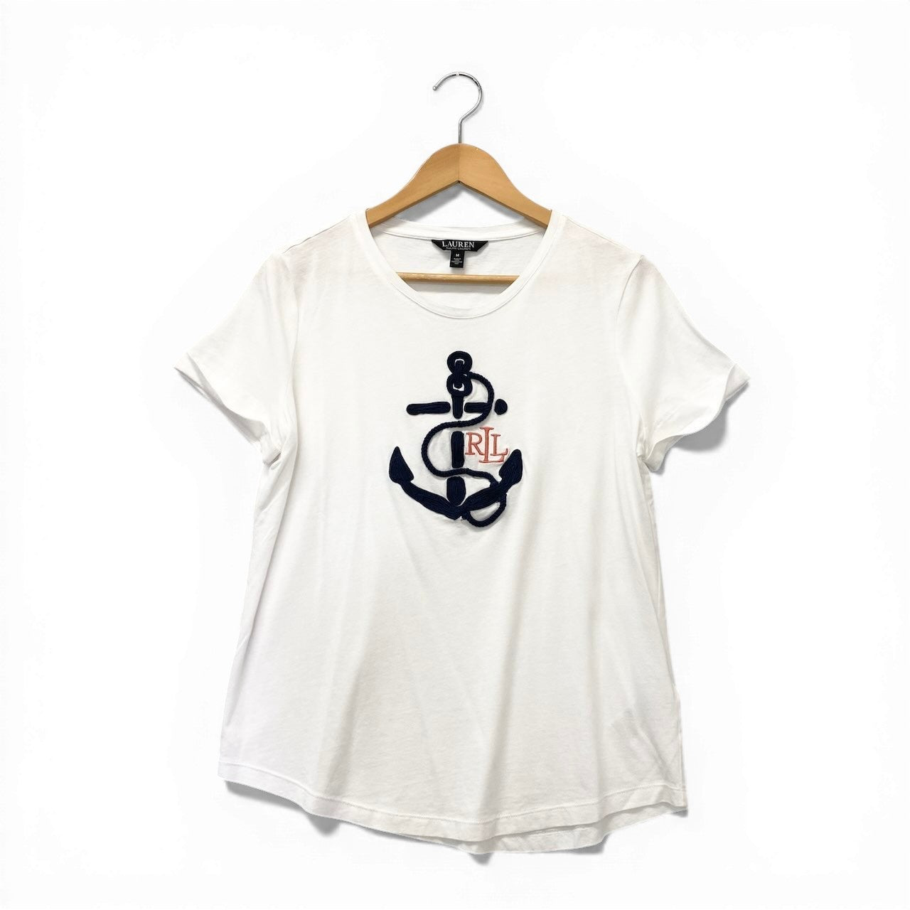 67c31 LAUREN RALPH LAUREN ローレンラルフローレン 半袖Tシャツ Slim Fit スリムフィット 刺繍デザイン トップス Mサイズ ホワイト レディース 女性用u02t