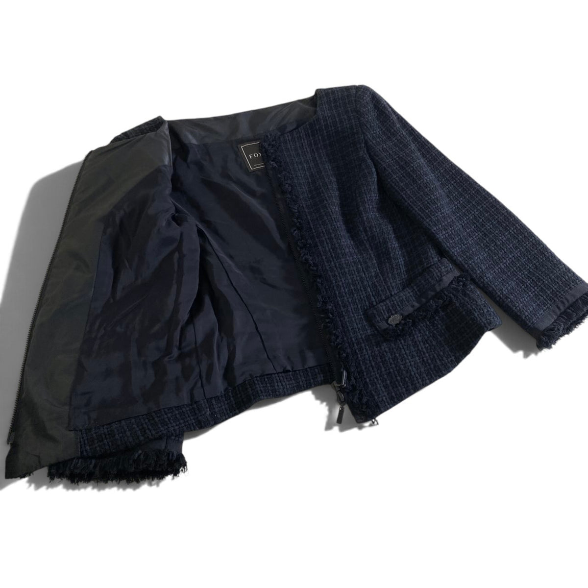 20j23 【美品】FOXEY フォクシー スカートセットアップ ノーカラーツイードジャケット スカート 38サイズ ネイビー レディース 女性用u02t
