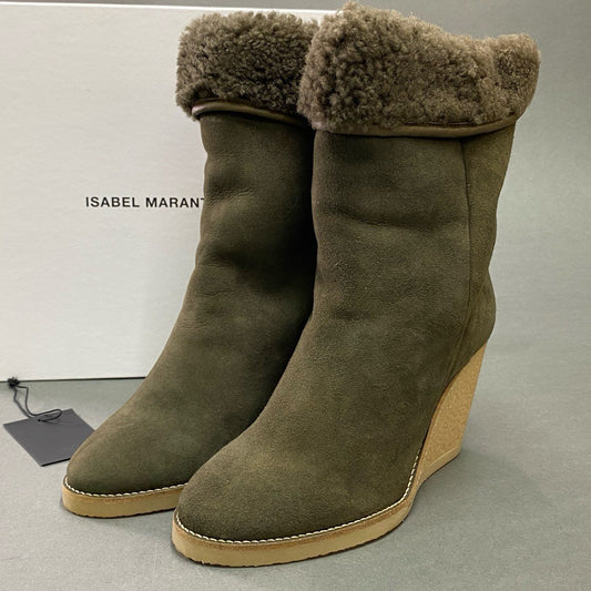 1a27 定価￥138,600 ISABEL MARANT イザベルマラン TOTAM SHEAERLING WEDGE ムートンブーツ ウェッジブーツ 39 カーキ 羊革