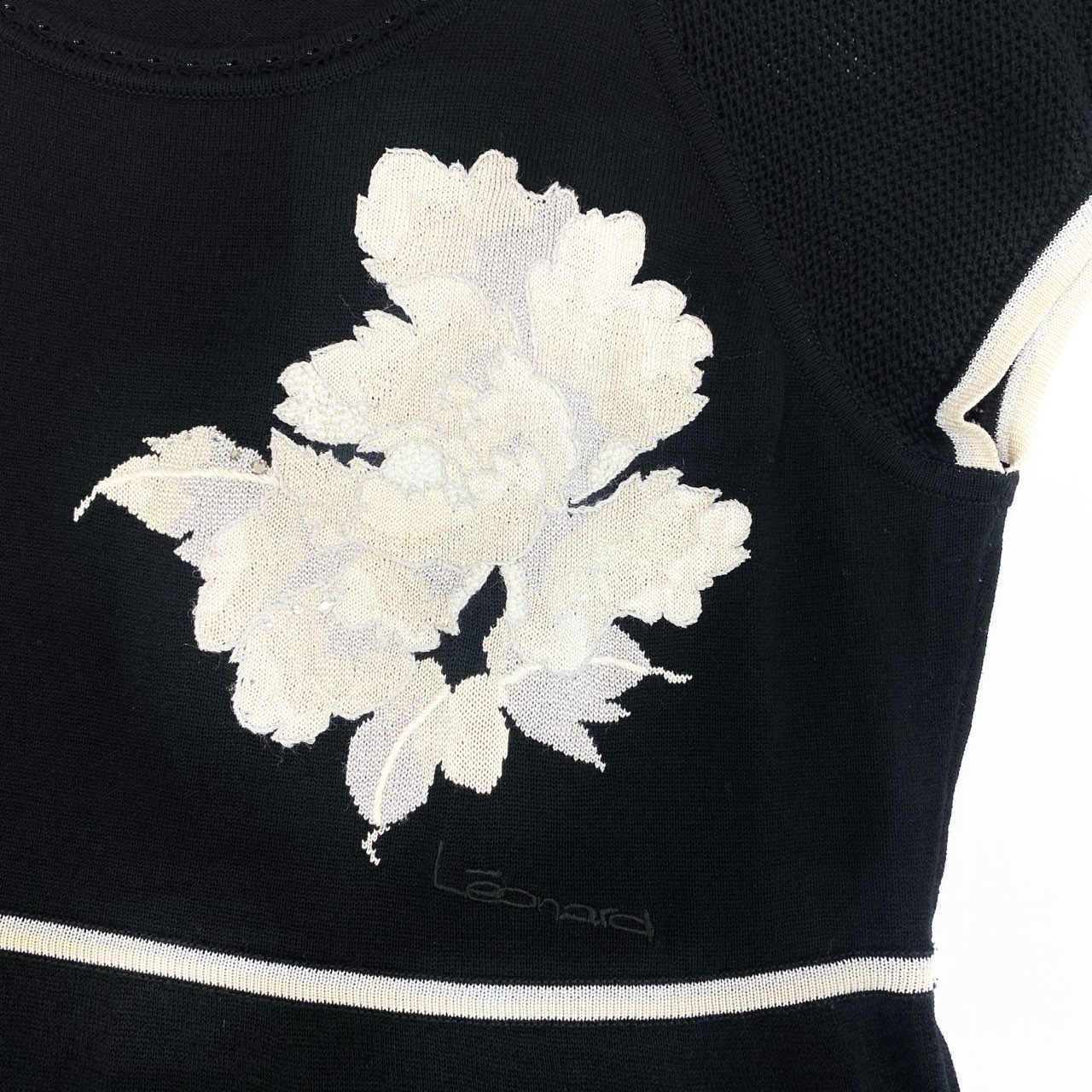 31b12 LEONARD レオナール ラメ花柄刺繡 コットンニットワンピース ロングワンピース LL ブラック レディースu02t