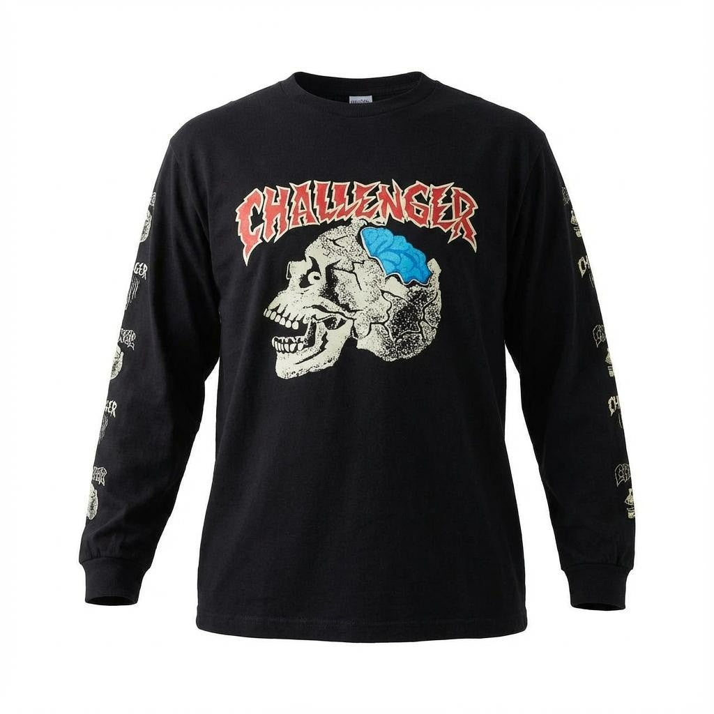 68a24 CHALLENGER チャレンジャー ロングスリーブTシャツ ロゴプリント ZOMBIE SKULL クルーネック M ブラック メンズ 男性用o07t