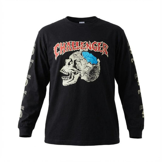 68a24 CHALLENGER チャレンジャー ロングスリーブTシャツ ロゴプリント ZOMBIE SKULL クルーネック M ブラック メンズ 男性用o07t