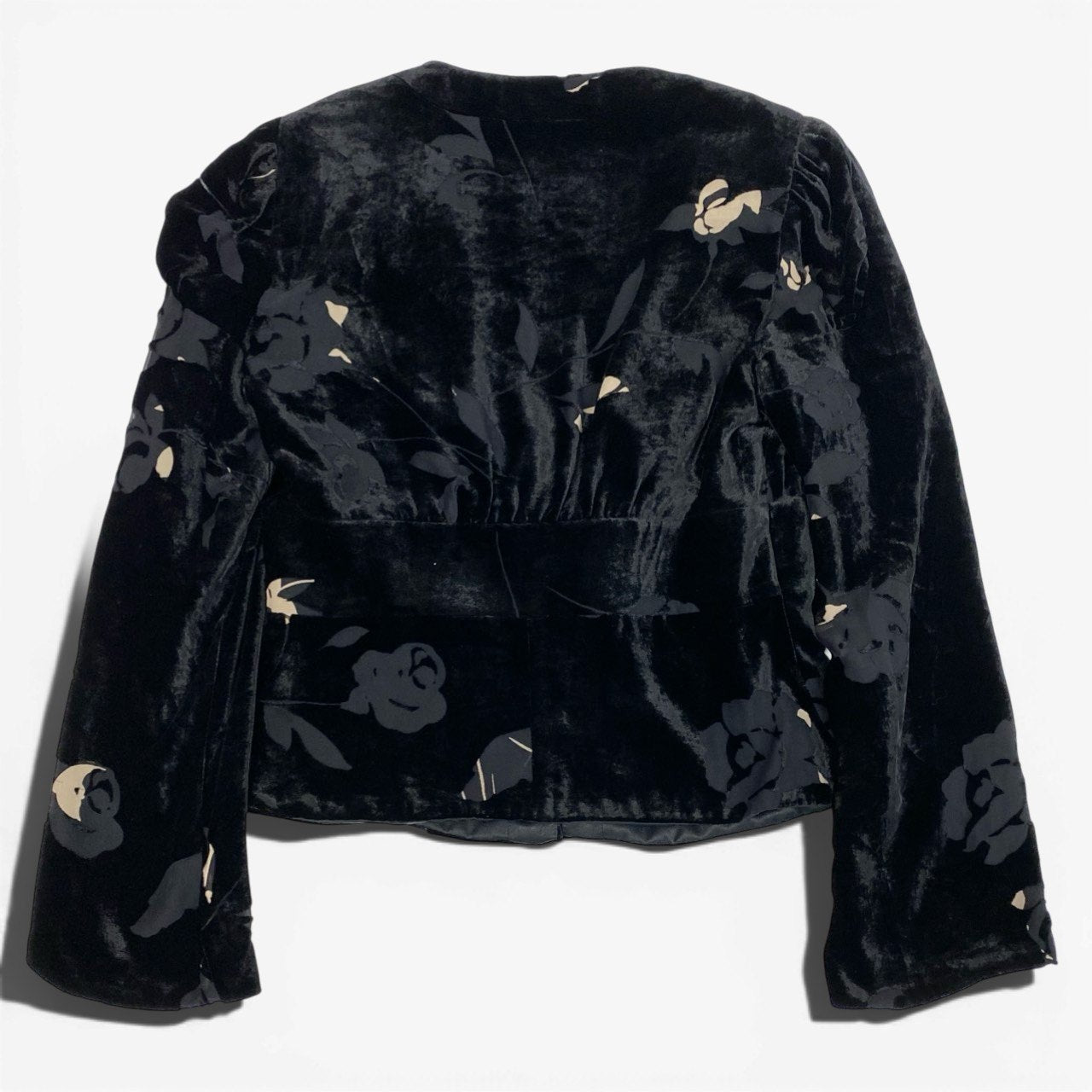 Eb10 【美品】ARMANI COLLEZIONI アルマーニコレッツォーニ 花柄ベロアジャケットブラウス Vネックパフスリーブブラウス  40サイズ ブラック レディース 女性用k02i