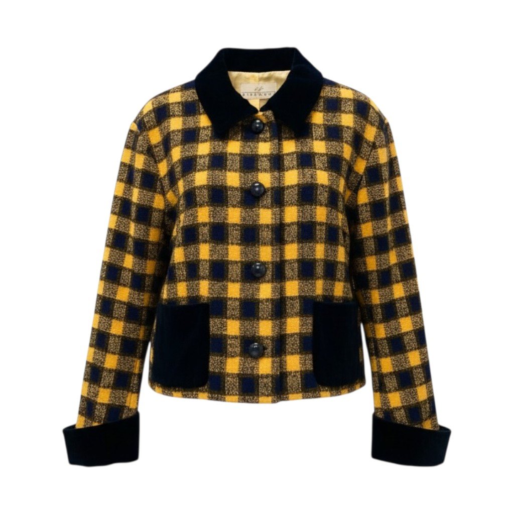 78b26 GIVENCHY ジバンシー Vintage チェック柄 ベロア × ツイードジャケット サイズ9 イエロー ネイビー Tweed Jackett18r