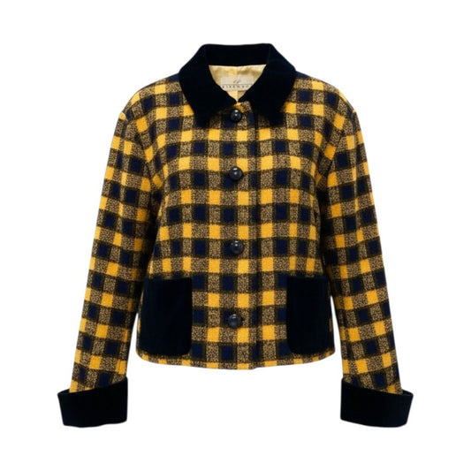 78b26 GIVENCHY ジバンシー Vintage チェック柄 ベロア × ツイードジャケット サイズ9 イエロー ネイビー Tweed Jackett18r