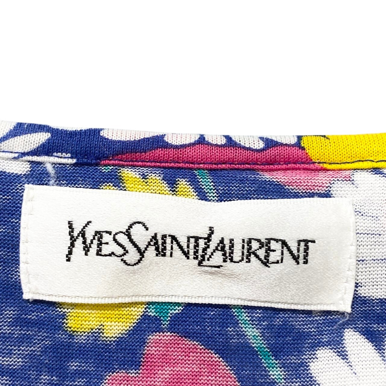 58g7 YVES SAINT LAURENT イヴサンローラン フラワープリント Tシャツ 半袖カットソー フリルネック サイズM ブルー コットン100％ レディースo07t