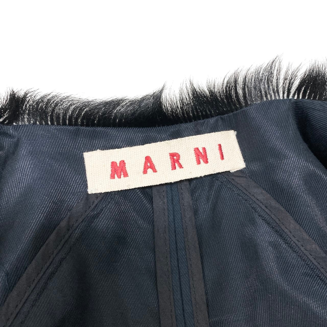 Ef8 MARNI マルニ ノーカラー ファーコート 七分袖 ロング丈 キッドファー サイズ38 イタリア製 ブラック レディース 女性用u02t