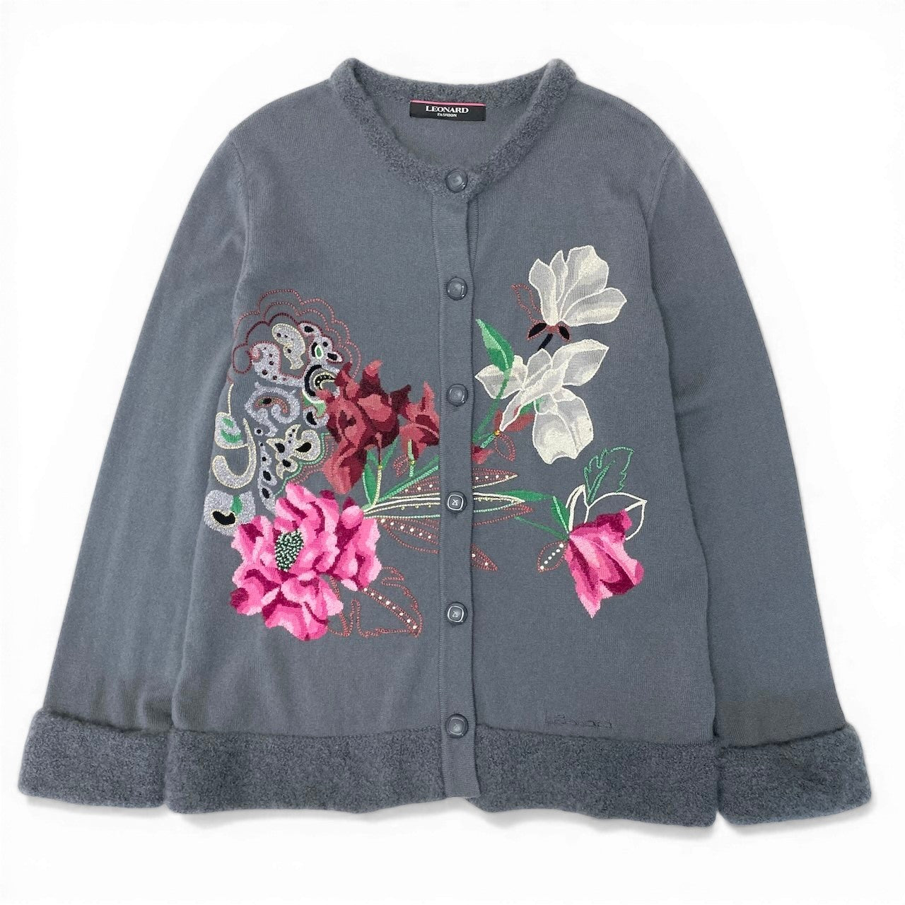 78d9 LEONARD FASHION レオナール ニットカーディガン ニットジャケット 花柄刺繍 ラインストーン ビーズ装飾 カシミヤ混 サイズ42 グレー系 レディース 女性用o07t