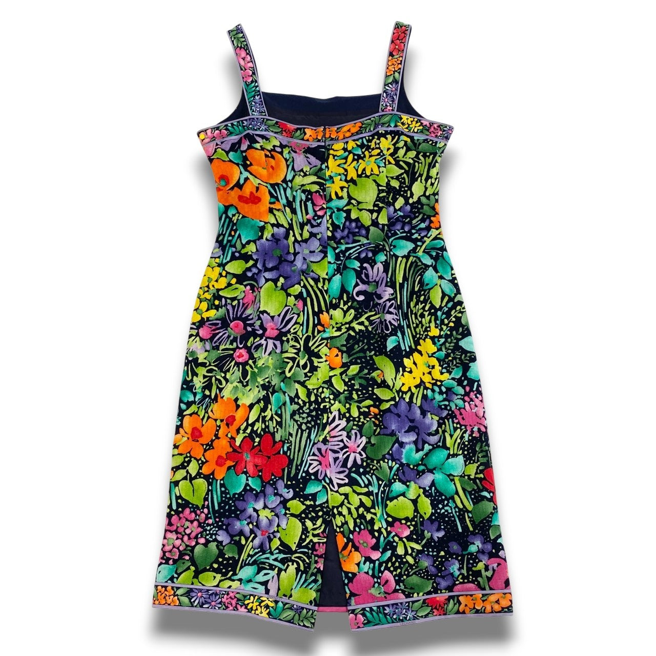 59b22 LEONARD FASHION レオナール ノースリーブワンピース 膝丈ワンピース 美しい花柄プリント レディース 女性服 サイズ11AR ネイビーu02t