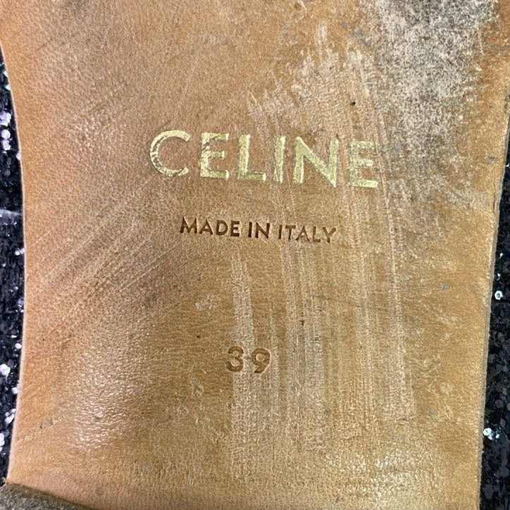 2l22 CELINE セリーヌ グリッター ロゴチャーム バレエシューズ 39 ブラック ラメ リボン フラットシューズ イタリア製 セレモニー 結婚式