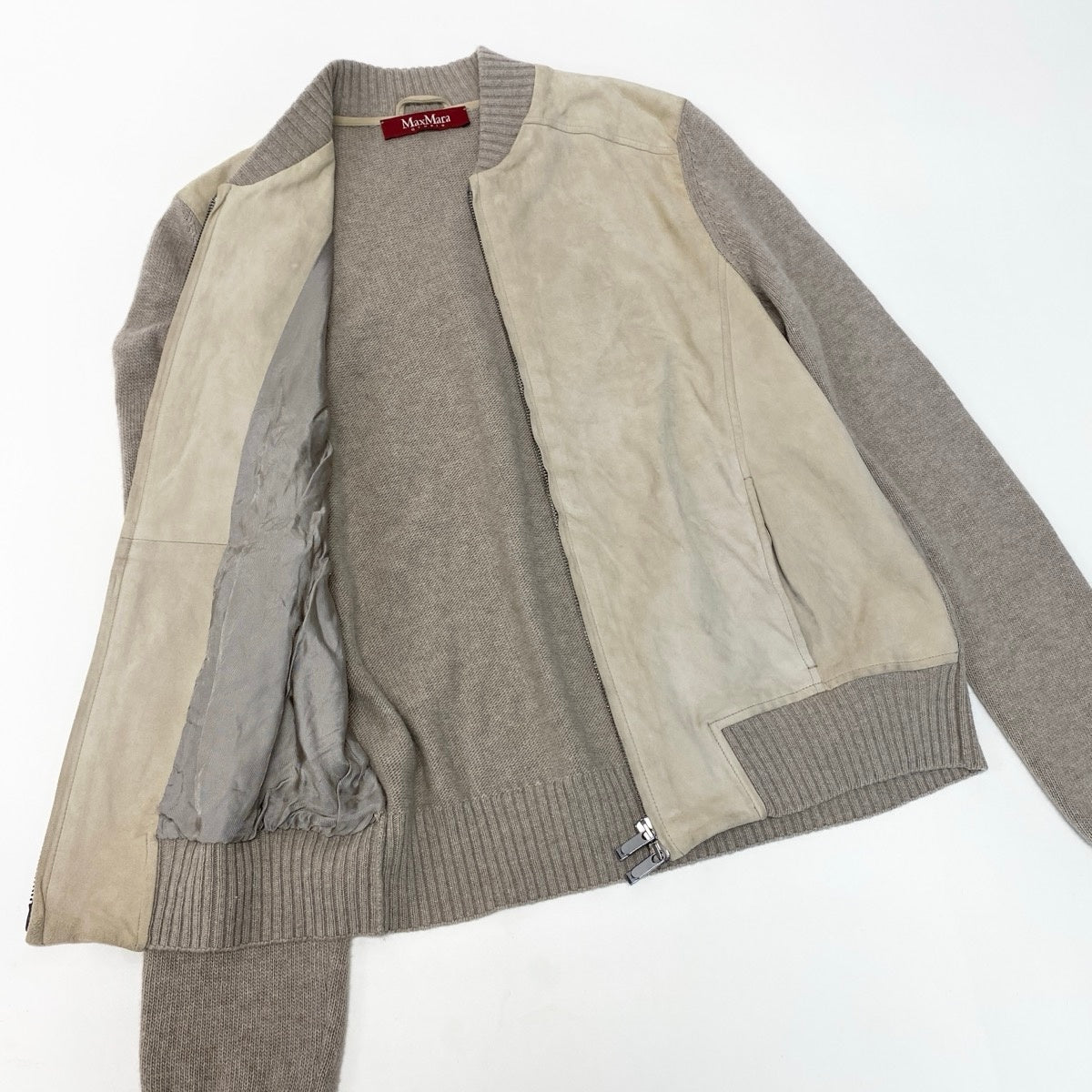 26g18 MaxMara STUDIO マックスマーラ ステュディオ スエード ニット切替ジャケット ウールカシミヤ混 レザー サイズM ベージュ レディースu02t