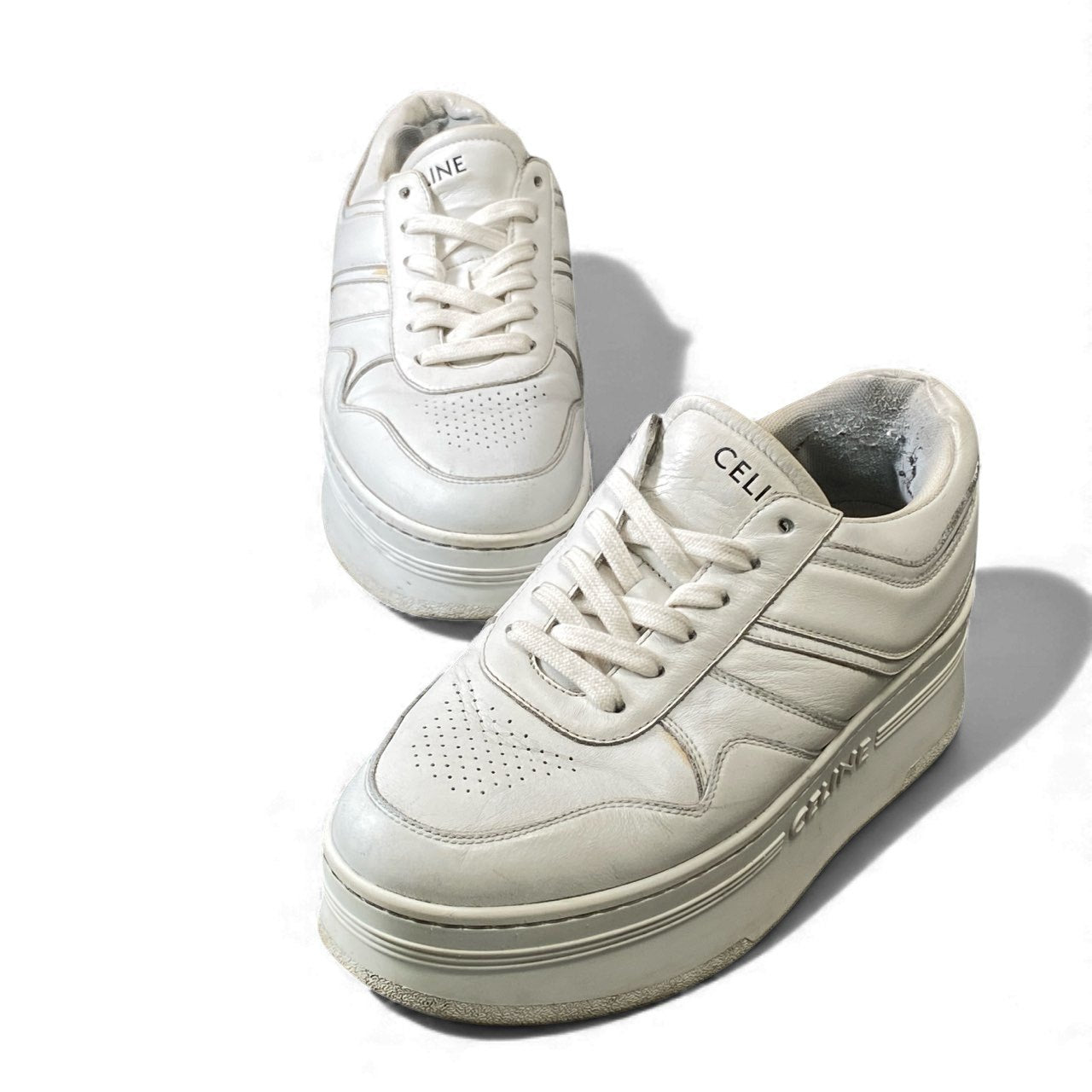 1k16 Celine セリーヌ ブロックスニーカー 38 ホワイト レザー 厚底 プラットフォーム シューズt18r